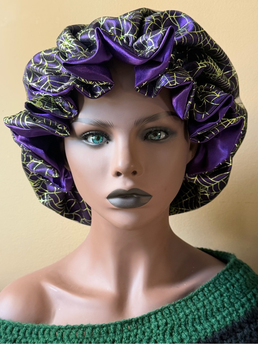 Purple and Lime Green Satin Sleep Bonnet